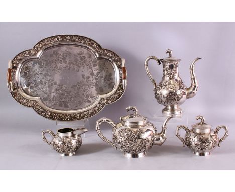 A FINE QUALITY 19TH CENTURY CHINESE SILVER TEA SERVICE &amp; TRAY BY CHONGHANG, comprising a tea pot, coffee pot, cream jug a