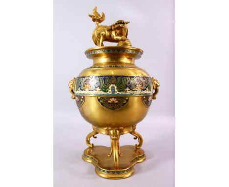 A LARGE CHINESE BRONZE &amp; CLOISONNE TRIPOD KORO &amp; COVER, with a central band of cloisonne, twin lion dog mask handles,
