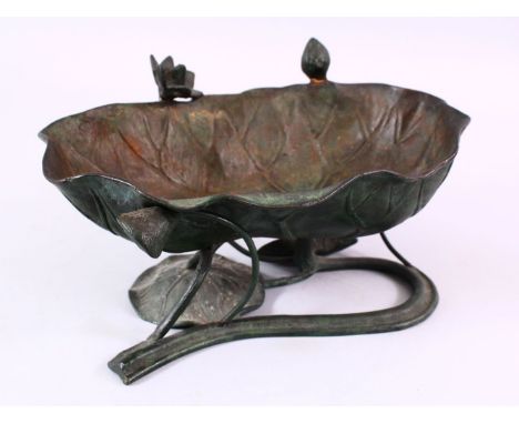 A CHINESE BRONZE LOTUS LEAF FORMED BOWL / ORNAMENT, depicting a lotus leav inverted with shoots of lotus, 26cm wide x 15cm hi