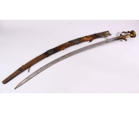 A 19TH CENTURY ISLAMIC INDIAN SIGNED TULWAR SWORD, with its metal mounted scabbard, blade signed, 96cm