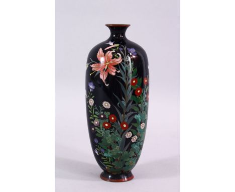 A JAPANESE MEIJI PERIOD SILVER WIRE CLOISIONNE VASE, decorated with a native display of flora, base missing, 19cm high