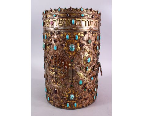 AN UNUSUAL JEWISH WHITE METAL &amp; INLAID STONE LIDDED CYLINDRICAL BOX, inlaid with an array of various stones including tur