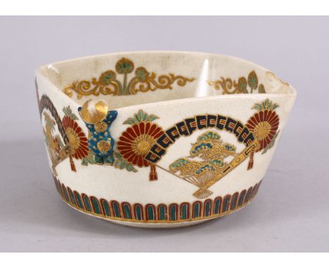 A JAPANESE MEIJI PERIOD IMPERIAL SATSUMA CERAMIC BOWL, with a moulded boy to one corner, decoration depicting fan shaped ikeb