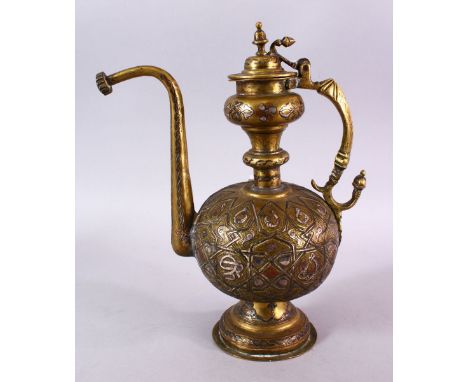 A 19TH CENTURY ISLAMIC CAIROWARE SILVER INLAID EWER, with silver and coper inlay depicting animals and motifs, 30cm