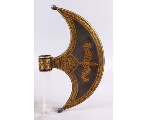 AN OTTOMAN ISLAMIC GOLD INLAID IRON AXE HEAD , with gold inlay of borders and calligraphy, 30cm