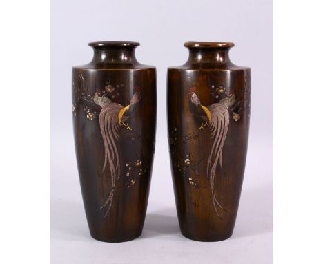 A PAIR OF JAPANESE MEIJI PERIOD BRONZE &amp; MIXED METAL COCKEREL VASES, the mirrored pair of vases inlaid with mixed metal t