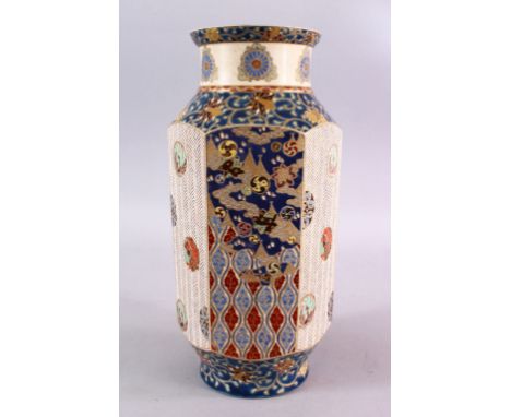 A JAPANESE MEIJI PERIOD IMPERIAL SATSUMA CERAMIC VASE - of hexagonal form, with decoration of geometric design and mon rounde