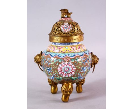 A FINE QUALITY 19TH / 20TH CENTURY CHINESE ENAMEL INCENSE BURNER &amp; COVER, decorated with cafe au lait ground with formal 