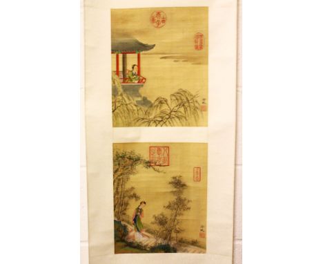 A CHINESE SCROLL PAINTING ON SILK OF FIGURES IN BALCONY'S - LENG MEI - the scroll with two paintings on silk depicting figure