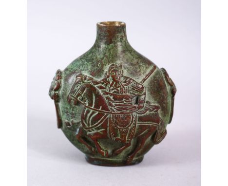A CHINESE BRONZE TWIN HANDLE VASE OF FIGURE UPON HORSEBACK, the vase with twin moulded handles, with onlaid scenes of figures
