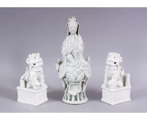 A MIXED LOT OF CHINESE BLANC DE CHINE PORCELAIN ITEMS, comprising one  figure of guanyin seated amongst lotus, 23cm, and a pa