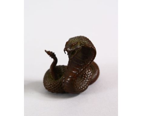 A JAPANESE BRONZE FIGURE OF A COBRA SNAKE, marked underside, 4.5cm.