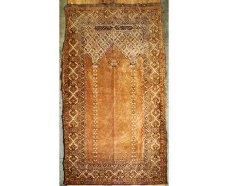 A 19TH CENTURY ISLAMIC WOVEN MOSQUE HANGING PRAYER RUG / CARPET, decorated with calligraphy and motif decoration, 261cm x 147