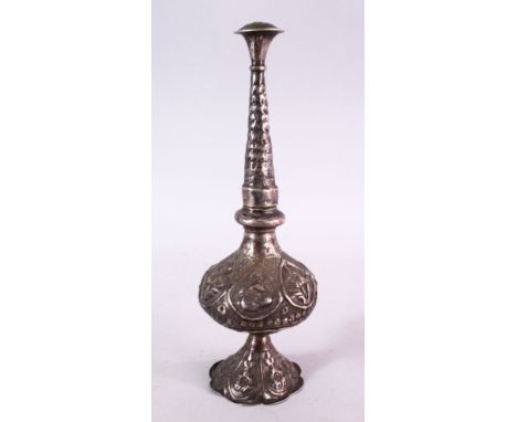 A 19TH CENTURY INDIAN SILVER ROSE WATER SPRINKLER, 25cm high .