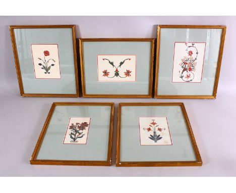 A FINE SET OF FIVE 19TH CENTURY FRAMED INDIAN SCHOOL FLORAL ARCHITECTURAL PAINTINGS. PROBABLY AGRA, each depicting a display 