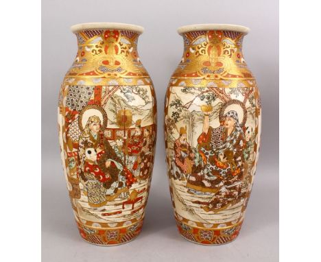 A GOOD PAIR OF JAPANESE MEIJI PERIOD SATSUMA CERAMIC VASES, decorated with two main panels depicting warriors and immortal fi