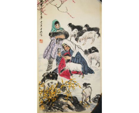 A CHINESE SCROLL PAINTING OF UGGHER WOMEN &amp; SHEEP - HUANG ZHOU, signed and dated Huang Zhou 1972