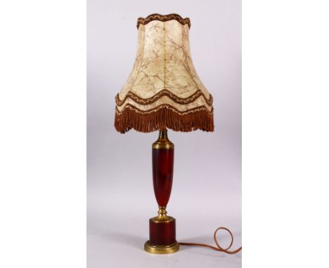 A GOOD CHERRY AMBER / BAKELITE LAMP &amp; SHADE, with electrical fittings ( not tested )  50cm high