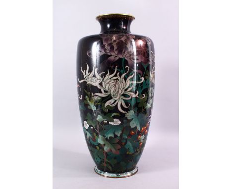 A LARGE JAPANESE MEIJI PERIOD SILVER IRE CLOISONNE VASE - decorated with a display of native chrysanthemum display, 46cm high