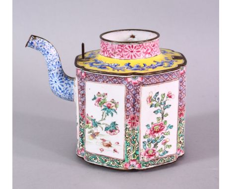 A 19TH CENTURY CHINESE ENAMEL TEA POT, with panel decoration of birds and flora, the base with floral mark, 11.5cm wide x 9cm