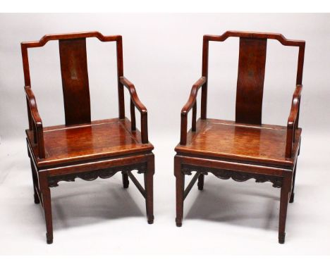 A PAIR OF HEAVY 19TH CENTURY JAPANESE CARVED HARDWOOD &amp; SILVER INLAID ARM CHAIRS, The arm chairs carved to simple taste, 