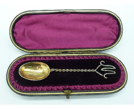 A Victorian spoon with initial finial, M, Birmingham 1895, in a fitted case