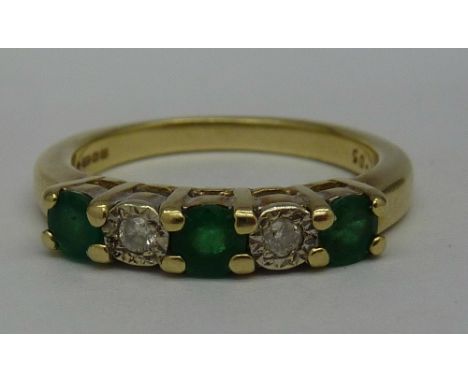 A 9ct gold, diamond and emerald ring, weight 3g, size K