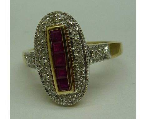 A 9ct gold, ruby and diamond Art Deco style ring, weight 3.6g, size P