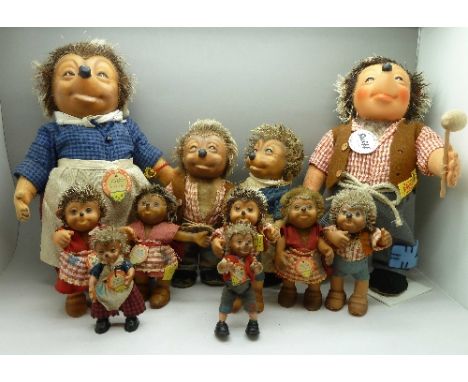 Eleven Steiff Mecki, Micki, Mucki and Macki hedgehog figures