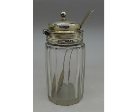 A Georgian silver topped mustard pot with Georgian silver mustard spoon