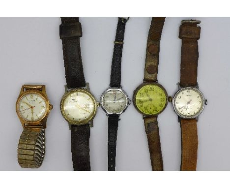 Five gentleman's wristwatches including Timex, Nelson and one silver cased trench watch