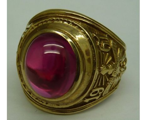 A 9ct gold, synthetic cabochon ruby ring, weight 12.7g, size U