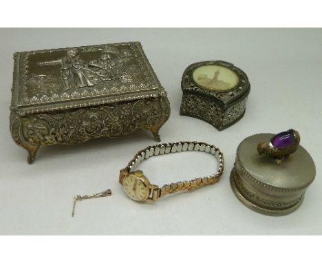 Three trinket boxes, silver and other jewellery including a lady's Stowa wristwatch