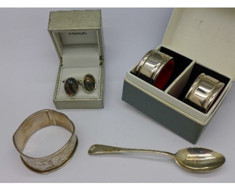 A pair of silver and agate cufflinks, a silver napkin ring, a/f, a silver spoon and a pair of napkin rings