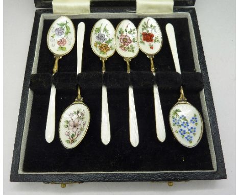 A cased set of six silver and enamel spoons, Birmingham 1978