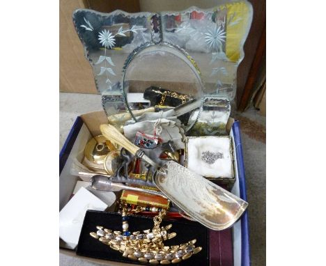 A Venetian style mirror, costume jewellery, compacts, etc.