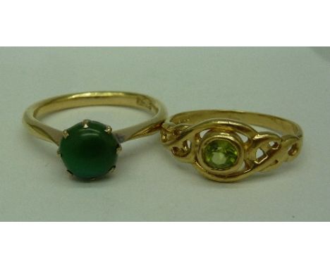 Two 9ct gold and green stone rings, weight 3.5g, sizes H and K