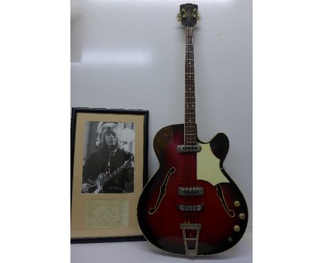 An early 1960s Framus Star Bass guitar in original Selmer case and a framed Brian Jones autograph. Note: The Brian Jones auto