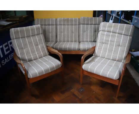 Retro Three Piece Mid 20th Century Danish Teak &amp; Upholstered seat. Sofa measures 74 inches wide. Very good condition apar