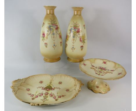 Four pieces of Blushware by Crown Devon and Crown Ducal including a large matching pair of vases that stand 12.5" tall