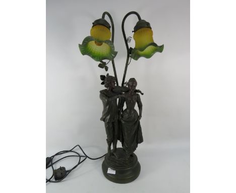Large figural table lamp, with two glass shades, 26.5"