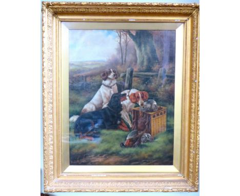 Beautiful large Victorian Oil on Canvas Study of Three Gun Dogs with Game. Signed to bottom corner Frank Strathorne? (indisti