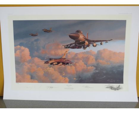 Unframed limited edition print by Robert Taylor " Viper Venom" No 504/850 signed by the artist and two F-16 fighter leaders. 