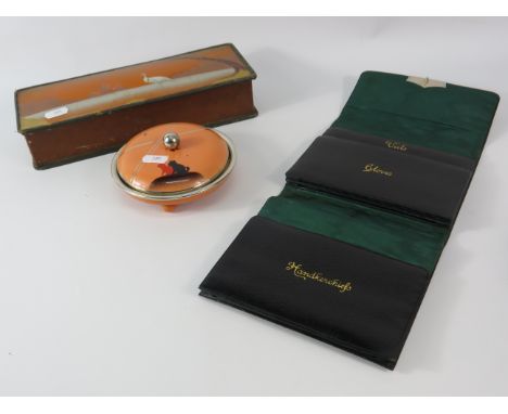 Vintage Rowntrees chocolate box, art deco powder bowl and a antique leather glove, handkerchief and veil case.