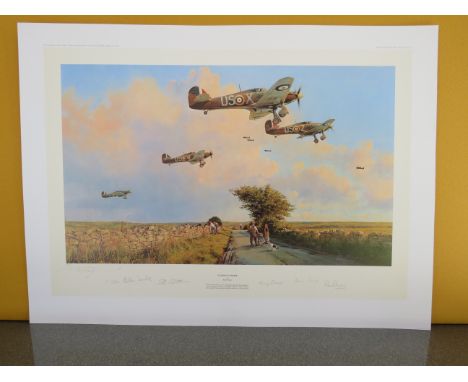 Unframed limited edition Robert Taylor print "Glorious Summer" 424 of 500 signed by the artist and Six Hurricane pilots. 33" 