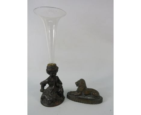 Brass Recumbent lion paperweight and a cast brass figural epergne vase.