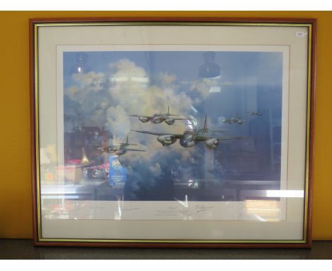 Framed Limited Edition print by Frank Wootton "Mosquito" No 622/850 signed by the artist and Six RAF pilots. 32" by 25".