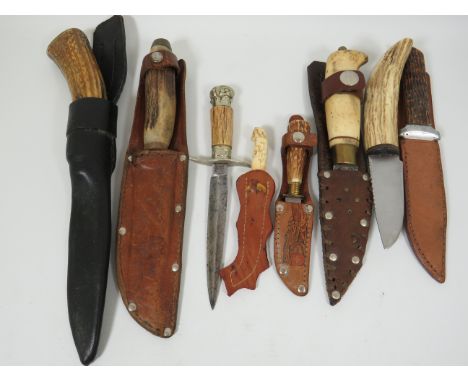 Selection of Antler Handled Hunting knives, most with leather scabbard. UK Mainland Postage Only. See photos.