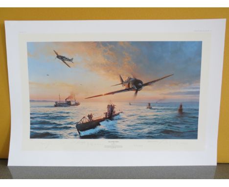 Unframed limited edition print by Robert Taylor "The Homecoming" No 86/600 signed by the artist and six Uboat captains. 34" b