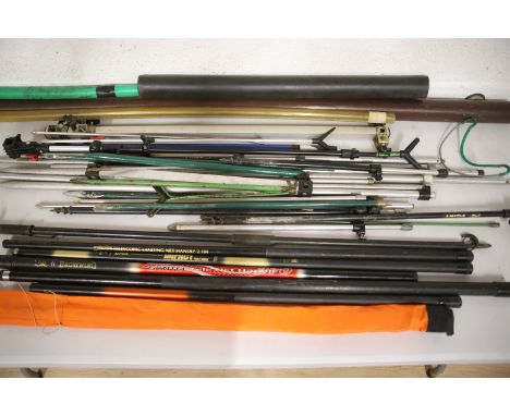 Large Selection of Bank Stick, some telescopic plus five Telescopic landing net handles plus Salmon Waders, five fishing hold